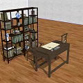 Wooden Desk and Chair Set with Bookshelf Books Globe in Study Room on Wooden Floor