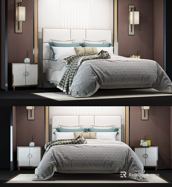 Modern Background Double Bed With Bedside Tables Decorative Pillows And Plush Blanket 3d model