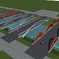 Multiple Arched Landscape Bridges With Red Blue White Design Over Green Lawn And Water Area