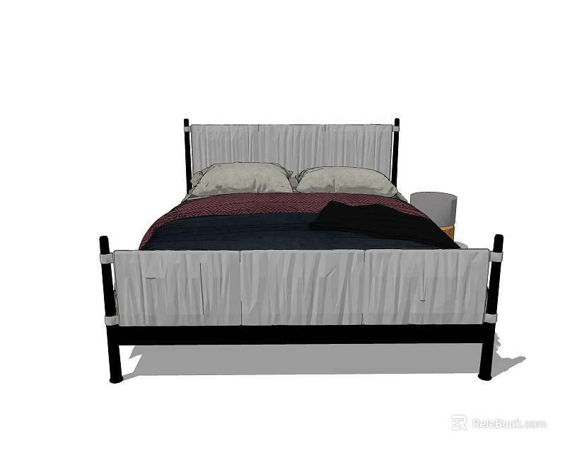 Modern Double Bed With White Headboard Black Frame Two Pillows Dark Bedding And Side Table 3d model
