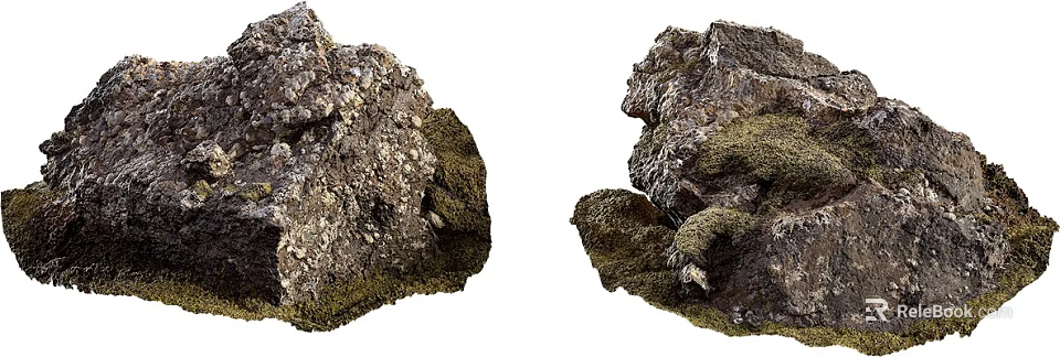 Natural Stone And Wood Decorative Elements With Moss Covered Surface Texture 3d model 