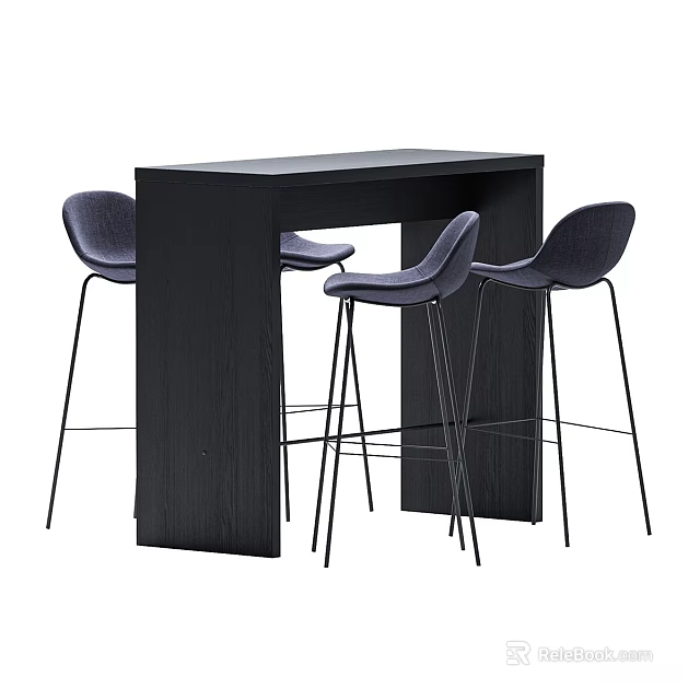 Modern Grey Bar Stools With Black Metal Legs And Black Bar Counter 3d model 