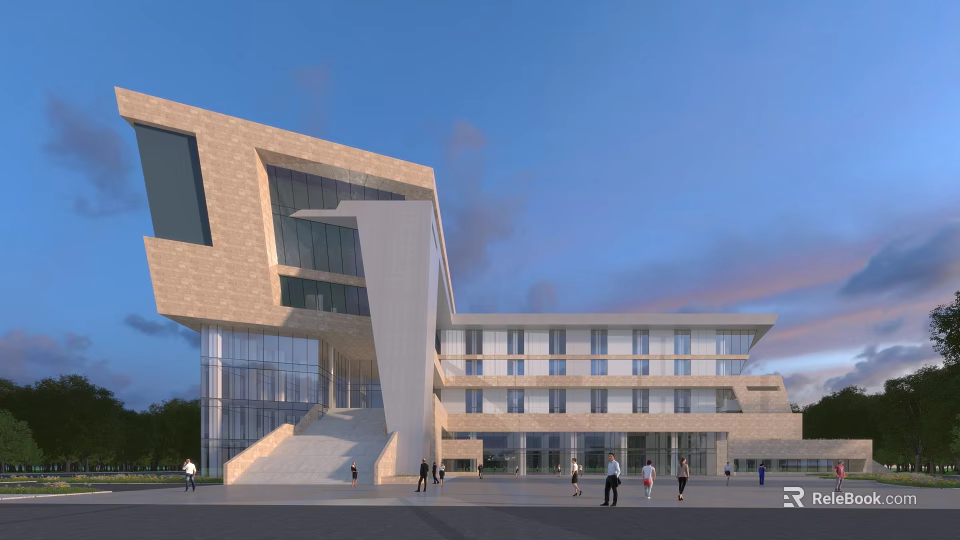 Modern Office Building Exterior With Glass Curtain Wall Staircase Geometric Design And People Walking 3d model 