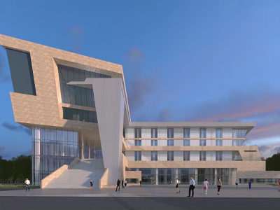 Modern Office Building Exterior With Glass Curtain Wall Staircase Geometric Design And People Walking 3d model