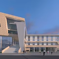 Modern Office Building Exterior With Glass Curtain Wall Staircase Geometric Design And People Walking