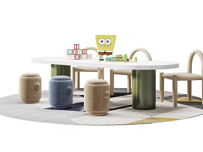 White Children's Table With Colorful Stools Building Blocks And SpongeBob Toys On Rug 3d model