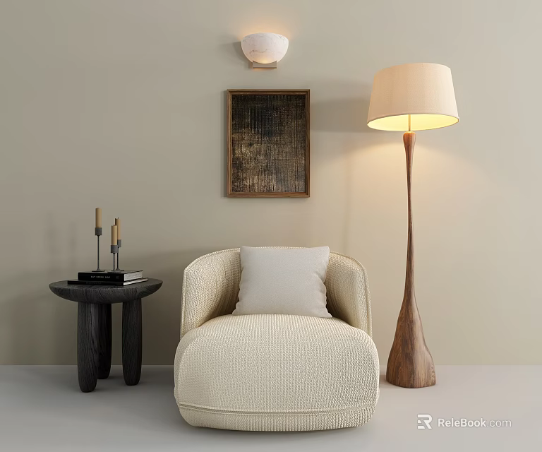 Cozy Living Room With Beige Armchair Floor Lamp Wall Sconce Small Side Table And Artwork 3d model 