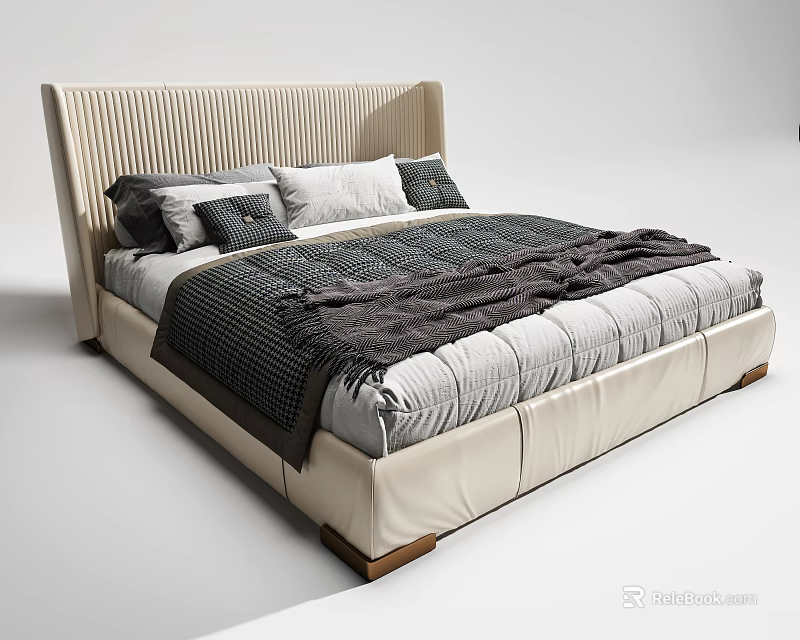 Elegant Modern Double Bed With Striped Beige Headboard Gray Blanket And White Gray Pillows 3d model