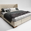 Elegant Modern Double Bed With Striped Beige Headboard Gray Blanket And White Gray Pillows 3d model