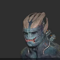 Futuristic Creature Character With Head Fin Blue Scaly Skin Sharp Teeth And Mechanical Devices