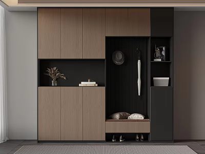 Modern Entryway With Storage Cabinets Shoe Rack Clothing Hanging Area Bench Decorative Painting And Vase 3d model