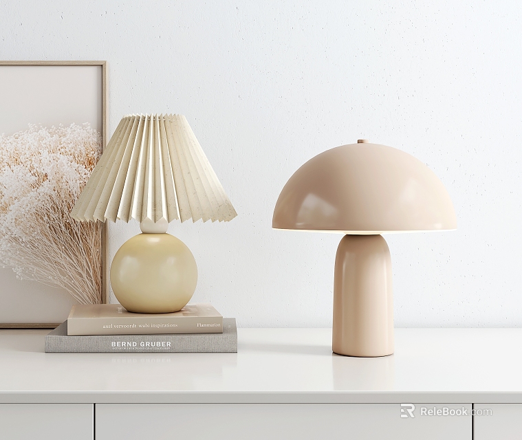 Elegant Table Lamps With Pleated And Dome Shades On White Table With Books 3d model 