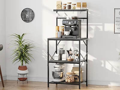 Modern Black Metal Storage Shelf with Coffee Machine Blender Baskets and Potted Plant 3d model