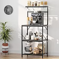 Modern Black Metal Storage Shelf with Coffee Machine Blender Baskets and Potted Plant