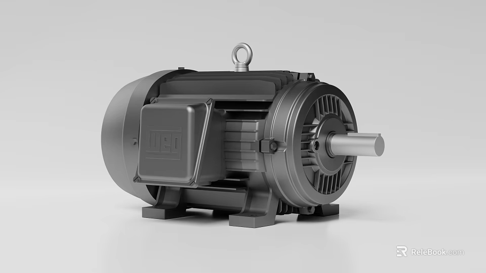 Industrial Electric Motor with Black Casing Lifting Ring Heat Sink Fins and Rotor Shaft 3d model 