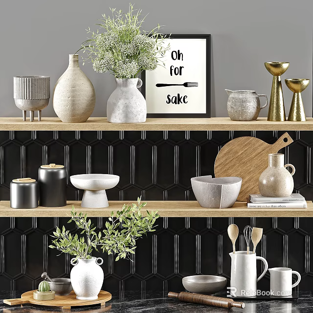 Modern Kitchen Cabinets with Black Tiled Wall Decorative Vases Green Plants Bowls and Wooden Board 3d model 