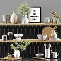 Modern Kitchen Cabinets with Black Tiled Wall Decorative Vases Green Plants Bowls and Wooden Board