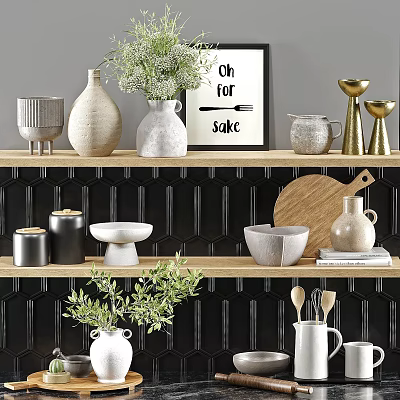 Modern Kitchen Cabinets with Black Tiled Wall Decorative Vases Green Plants Bowls and Wooden Board 3d model