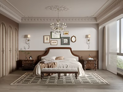 Elegant Bedroom Interior With Ornate Ceiling Chandelier Framed Art Wooden Bed And Bench 3d model