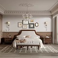 Elegant Bedroom Interior With Ornate Ceiling Chandelier Framed Art Wooden Bed And Bench
