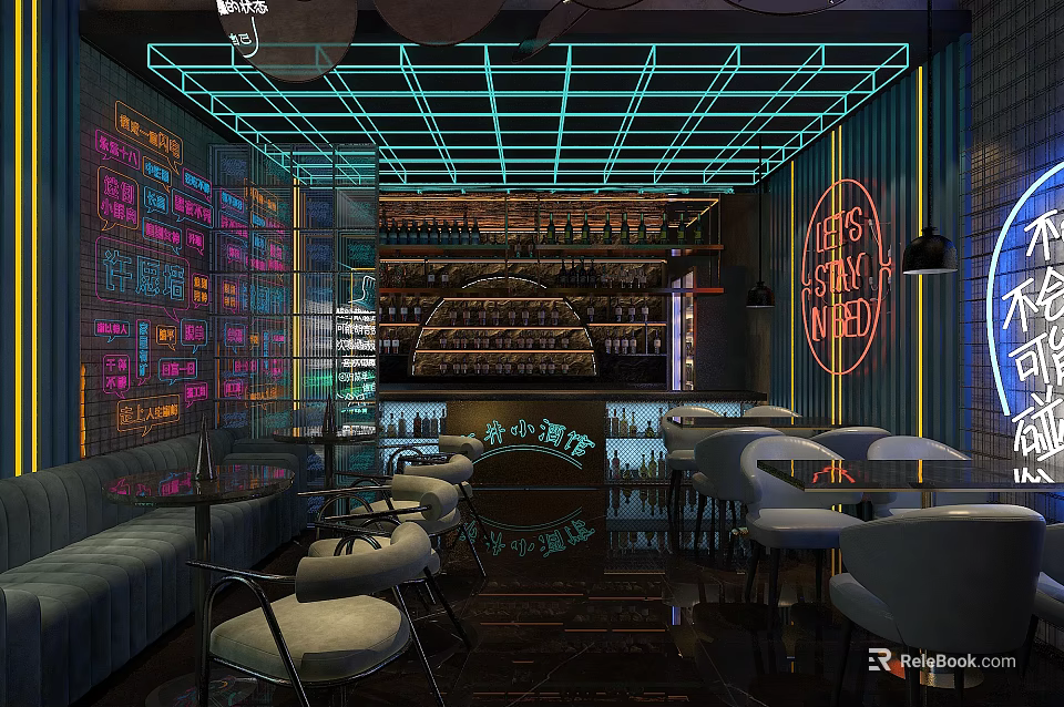 Modern Bar Interior with Neon Lights Colorful Walls Bottle Shelves and Comfortable Seating 3d model 