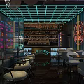 Modern Bar Interior with Neon Lights Colorful Walls Bottle Shelves and Comfortable Seating