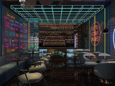 Modern Bar Interior with Neon Lights Colorful Walls Bottle Shelves and Comfortable Seating 3d model