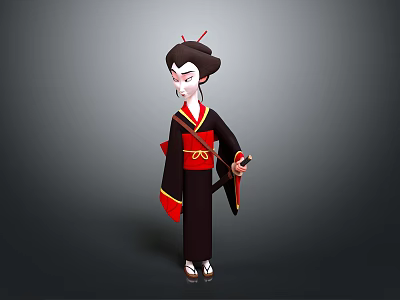 Cartoon Character In Traditional Black Red Kimono With Hair Accessories Holding Fan 3D Design 3d model