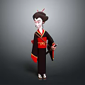 Cartoon Character In Traditional Black Red Kimono With Hair Accessories Holding Fan 3D Design