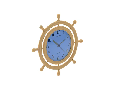 Ship Wheel Shaped Wall Clock With Golden Frame And Blue Dial 3d model