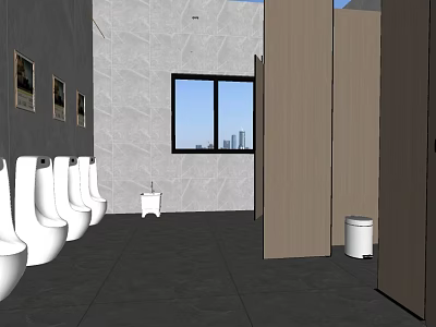 Public Toilet With White Urinals Stalls Tiled Walls And City View Window 3d model