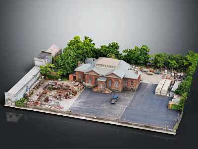 Red Brick Building Exterior With Green Trees Front Parking Area Adjacent Structures And Windows 3d model