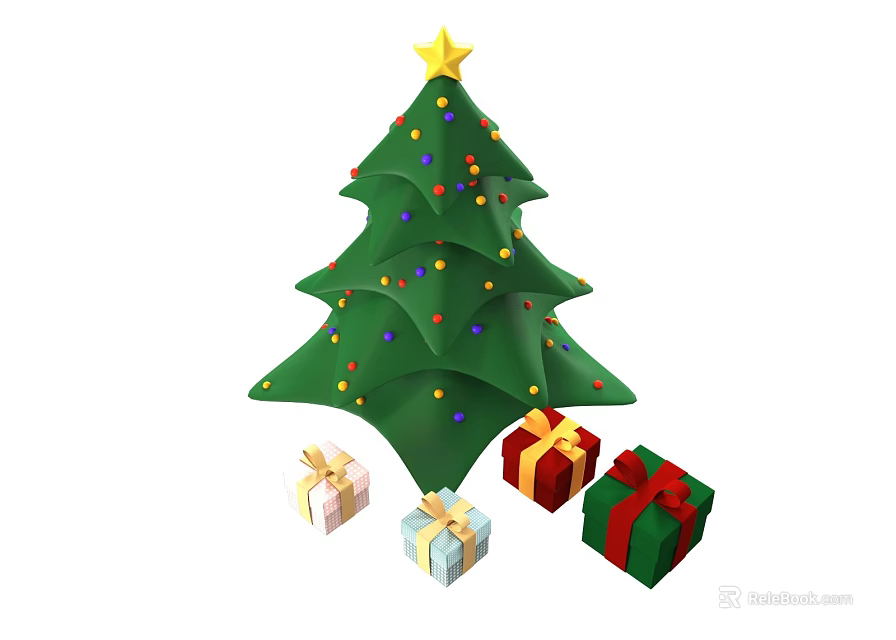Christmas Tree With Star On Top And Colorful Ornaments Around Gift Boxes 3d model 