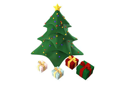 Christmas Tree With Star On Top And Colorful Ornaments Around Gift Boxes 3d model