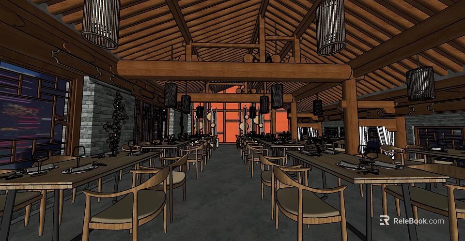 Traditional Chinese Restaurant Dining Area With Wooden Roof Lanterns Long Tables And Chairs 3d model 