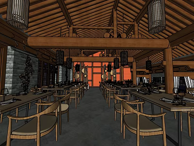 Traditional Chinese Restaurant Dining Area With Wooden Roof Lanterns Long Tables And Chairs 3d model