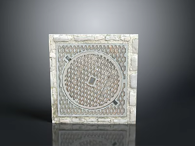 Square Manhole Cover With Stone Border And Detailed Circular Patterned Urban Design 3d model