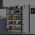 Kitchen Multi tiered Storage Cabinet With LED Lighting Microwave And Storage Boxes 3d model
