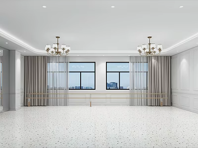 Spacious Fitness Studio With White Walls Large Windows Curtains Chandeliers Side Barres Light Terrazzo Floor 3d model