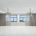 Spacious Fitness Studio With White Walls Large Windows Curtains Chandeliers Side Barres Light Terrazzo Floor