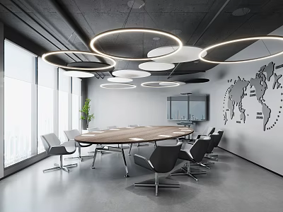 Modern Conference Room Interior With Round Table Circular Pendant Lights And World Map Wall Decor 3d model