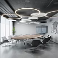 Modern Conference Room Interior With Round Table Circular Pendant Lights And World Map Wall Decor