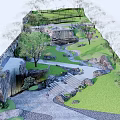 Natural Garden Landscape With Rock Waterfall Stream Stone Steps And Lush Grass