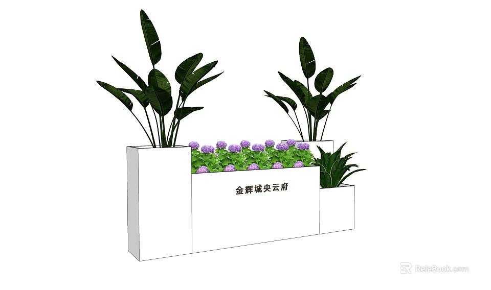 Modern Flower Planters with Green Plants and Purple Flowers for Outdoor Decor 3d model 