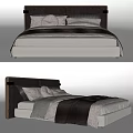 Modern Double Bed with Dark Headboard White Mattress and Gray Black Bedding 3d model