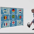 Young Boy Kicking Football Towards Soccer Goal With Numbered Panels And National Flags