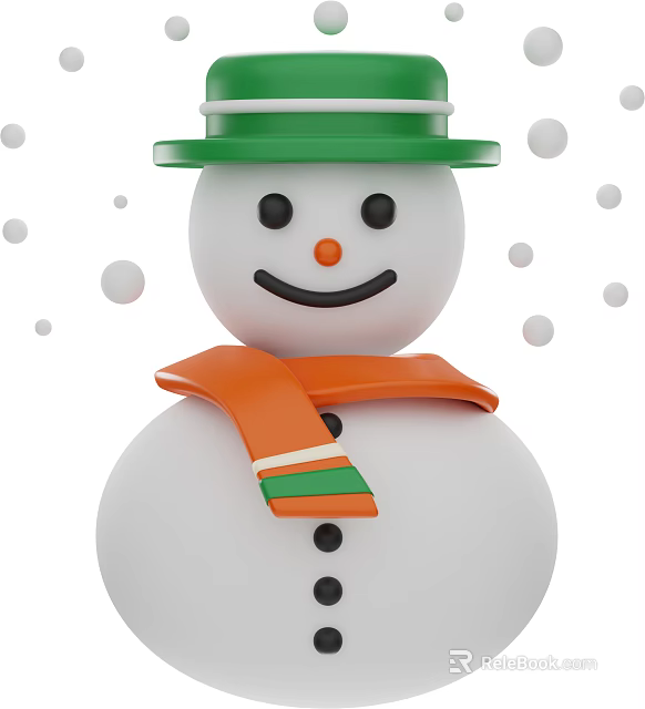 Festive Snowman Decorative Ornament Set With Green Hat Orange Scarf And Snowflakes 3d model 