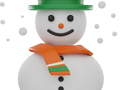 Festive Snowman Decorative Ornament Set With Green Hat Orange Scarf And Snowflakes 3d model