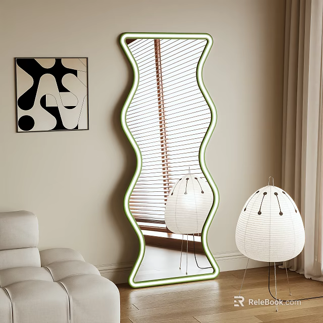 Wavy Neon Border Mirror In Modern Living Room With Sofa And Floor Lamp 3d model 