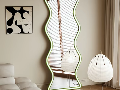 Wavy Neon Border Mirror In Modern Living Room With Sofa And Floor Lamp 3d model